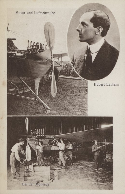 Franse vliegenier Hubert Latham en zijn vliegtuig door Photographer German