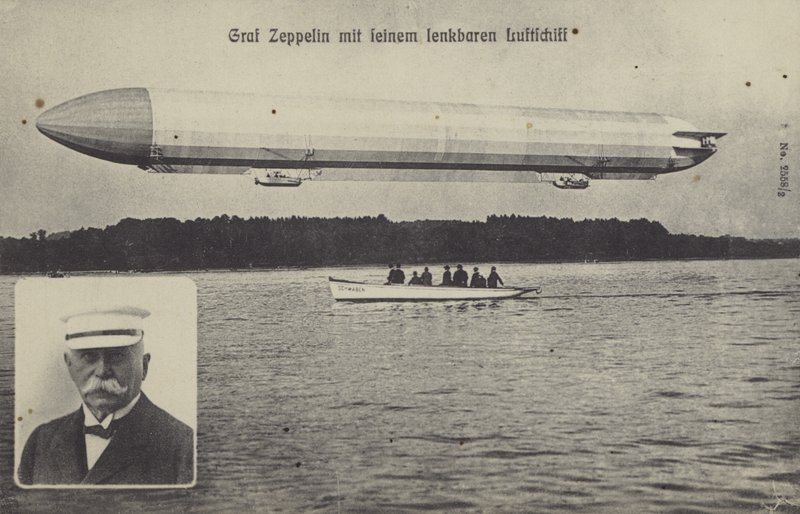Graaf Ferdinand von Zeppelin en een van zijn luchtschepen door Photographer German
