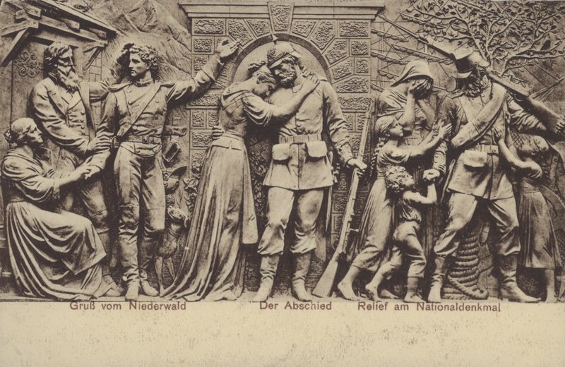 Het afscheid, reliëf op het Nationaldenkmal, monument ter herdenking van de eenwording van Duitsland, Rüdesheim am Rhein, Hessen (zw/w foto) door Photographer German