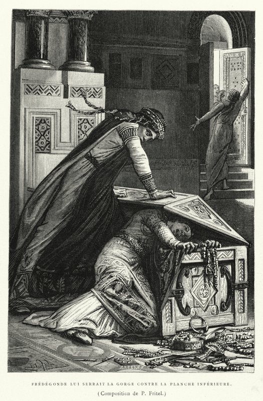 Fredegonde Lui Serrait La Gorge Contre La Planche Inferieure (gravure) door Pierre Fritel