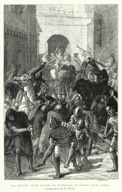 Ils Jettent Leurs Bottes De Fourrages Et Tirent Leurs Epees (gravure) door Pierre Fritel