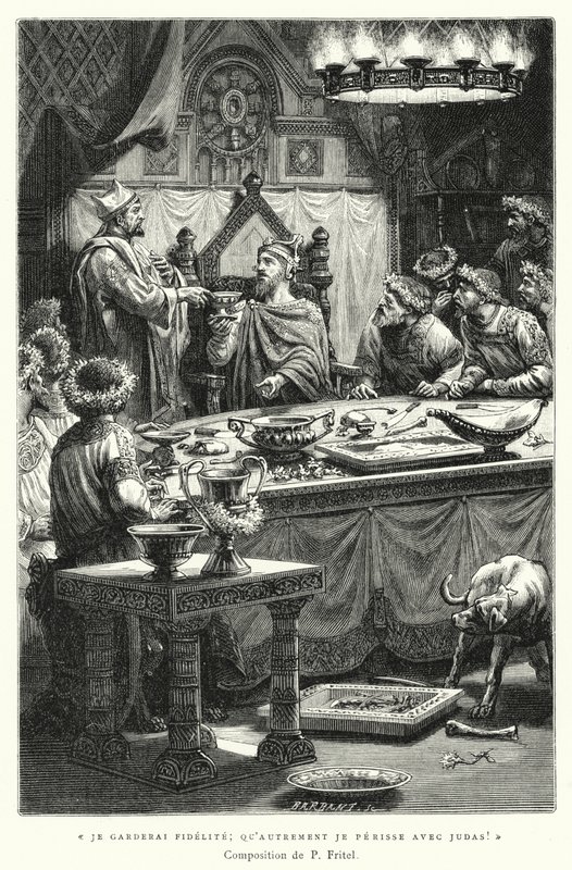 Ik zal trouw blijven, anders verga ik met Judas! (gravure) door Pierre Fritel