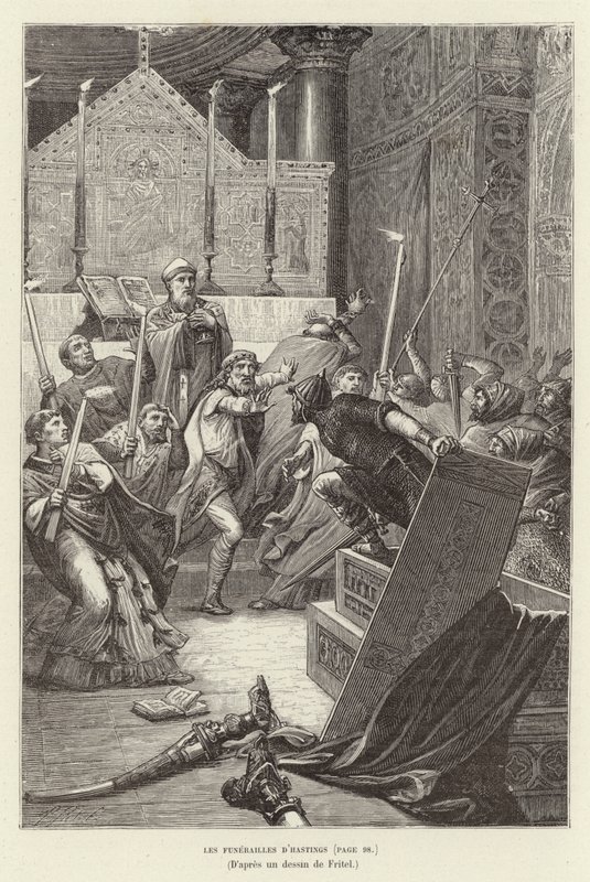 De begrafenis van Hastings. Vikingen vallen een Franse kerk aan tijdens de begrafenis van hun leider, Hasting, nadat hij zijn dood veinsde door Pierre Fritel