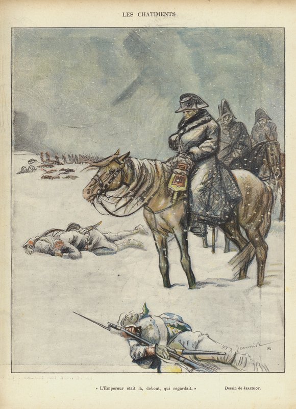 Napoleon op de terugtocht uit Moskou, illustratie voor Le Rire door Pierre Georges Jeanniot