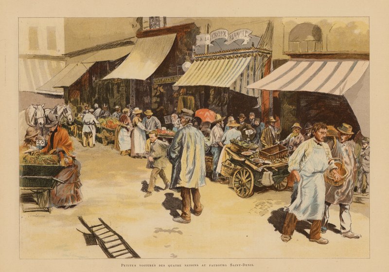 De marktkramers van vier seizoenen op de Rue du Faubourg Saint-Denis, Parijs door Pierre Georges Jeanniot