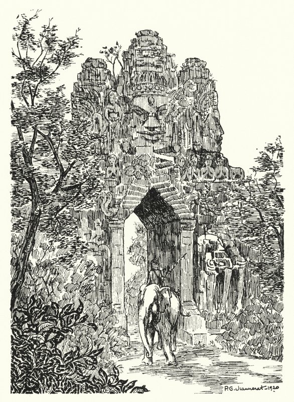 De noordelijke poort van Angkor-Thom (gravure) door Pierre Jeannerat de Beerski