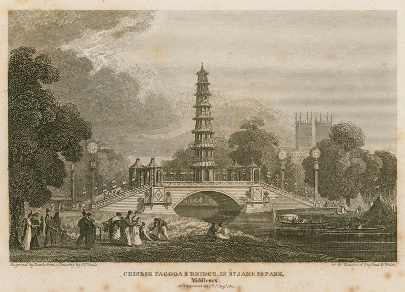 De Chinese pagode en brug gebouwd over het kanaal in St James