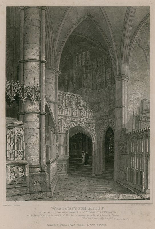 Uitzicht op het zuidelijke scherm van de Henry de Vijfde Kapel, Westminster Abbey door Pieter Jansz. Quast