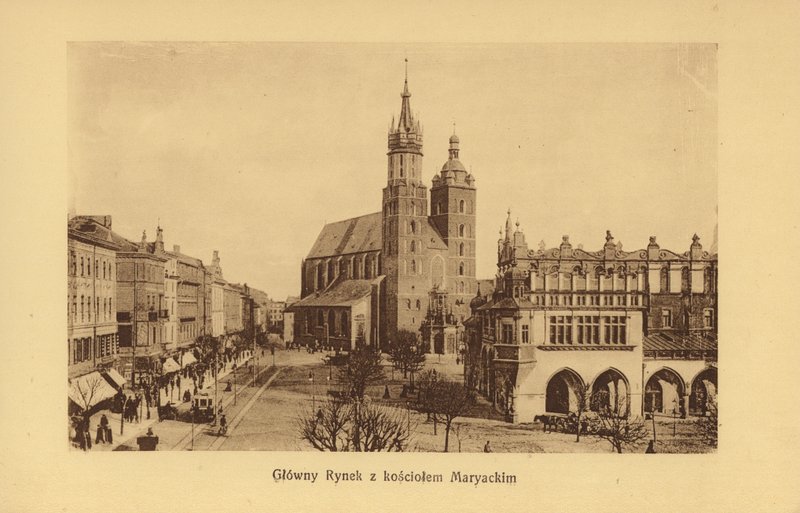 Krakau-Krakau: Grote Markt met de Mariakerk (z/w foto) door Polish Photographer