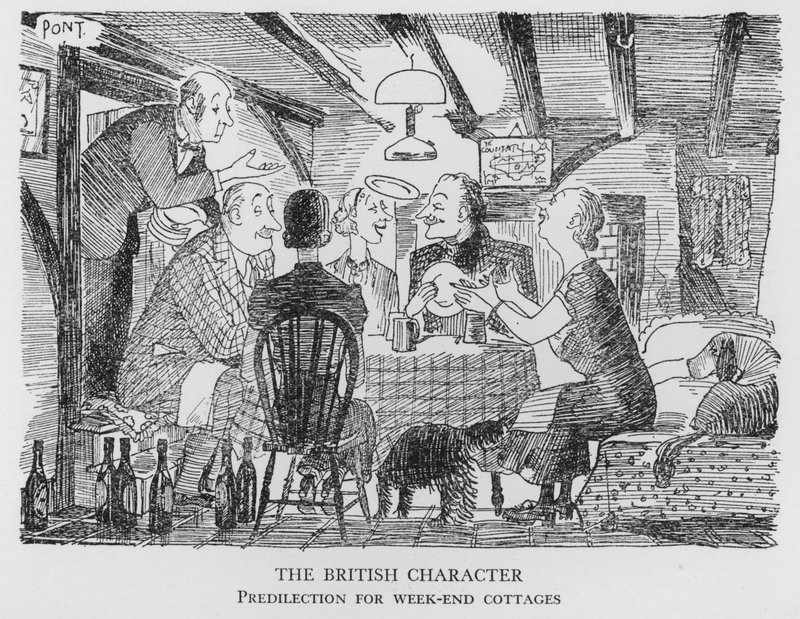 Het Britse karakter, Voorliefde voor weekendhuisjes (litho) door Pont