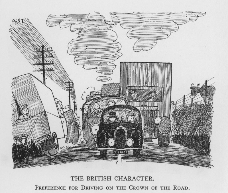 Het Britse karakter, voorkeur voor rijden op de kroon van de weg door Pont