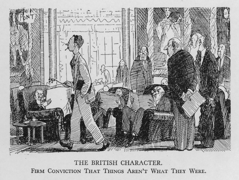 Het Britse karakter; Stevige overtuiging dat dingen niet meer zijn zoals ze waren (litho) door Pont