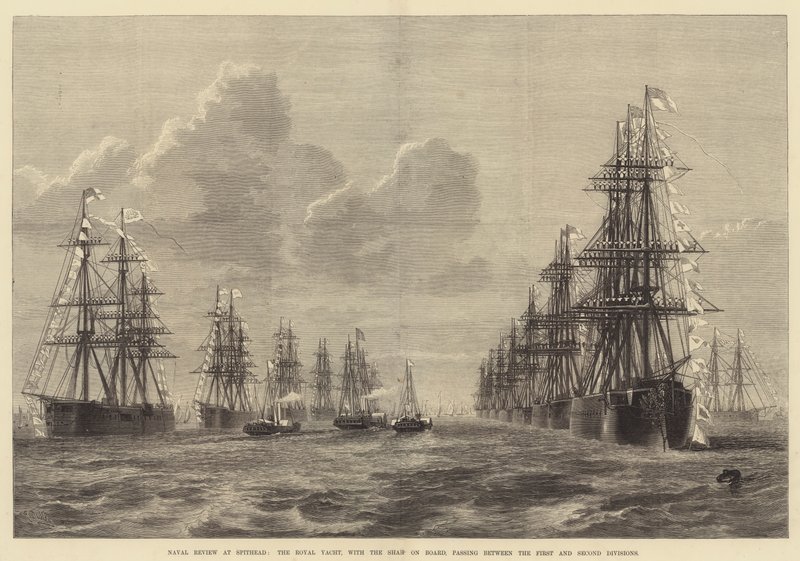 De Marine Review bij Spithead, het Koninklijk Jacht, met de Shah aan Boord, passeert tussen de Eerste en Tweede Divisies door R. Dudley