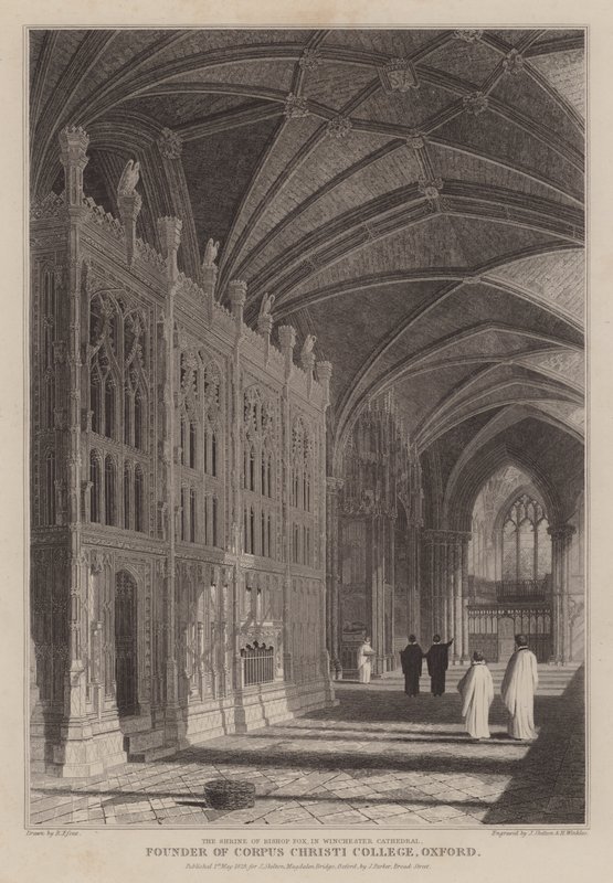 Het heiligdom van bisschop Foxe, oprichter van Corpus Christi College, Oxford, in de kathedraal van Winchester door R. (after) Essex