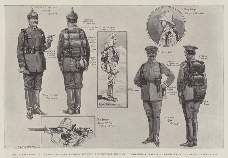 De uitwisseling van ideeën over militaire uniformen tussen keizer Wilhelm II en koning Edward VII, voorbeelden van de Duitse dienstuitrusting door Ralph Cleaver