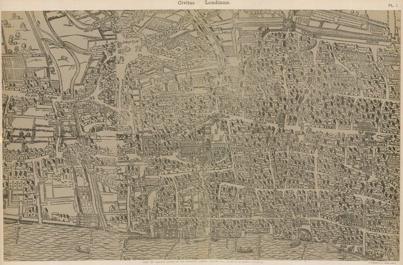 Civitas Londinium, uit de originele survey in de Guildhall Library, uit het bewind van Koningin Elizabeth door Ralph Agas