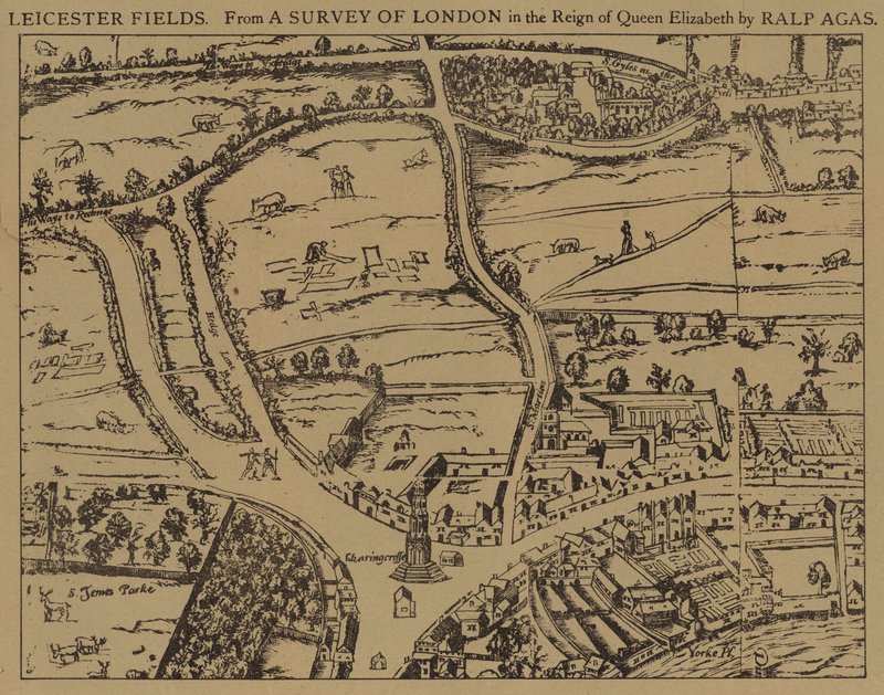 Leicester Fields, uit een onderzoek van Londen tijdens het bewind van koningin Elizabeth door Ralph Agas door Ralph Agas