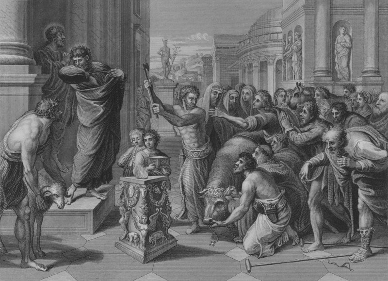 Paulus en Barnabas in Lystra, Handelingen 14, Vers 8-19 (gravure) door after Raphael