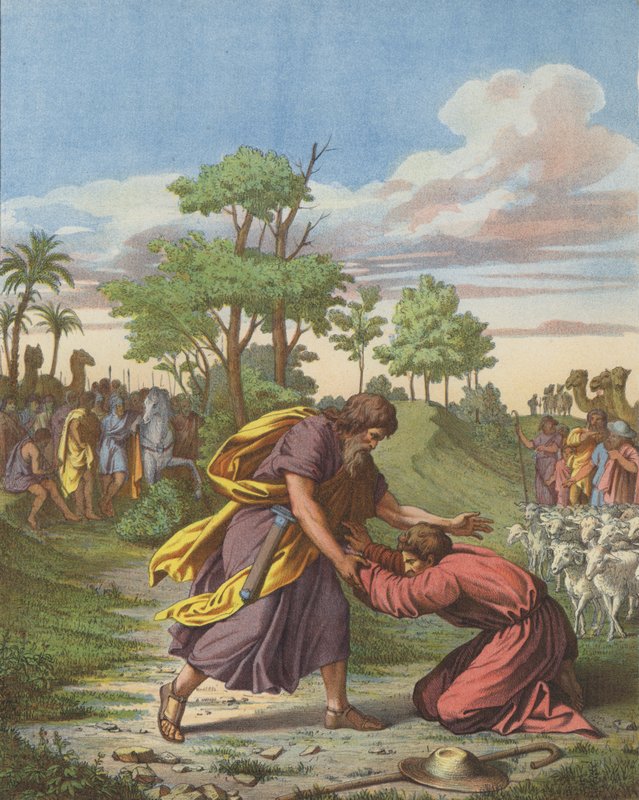 Verzoening van Jakob en Esau (kleur litho) door after Raphael