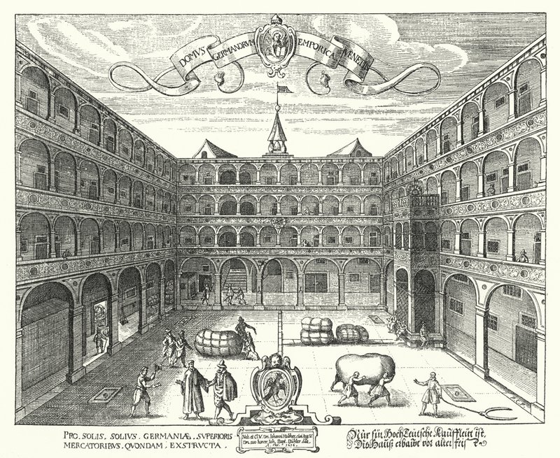 De Fondaco dei Tedeschi, hoofdkwartier van Duitse kooplieden in Venetië door Raphael Custos