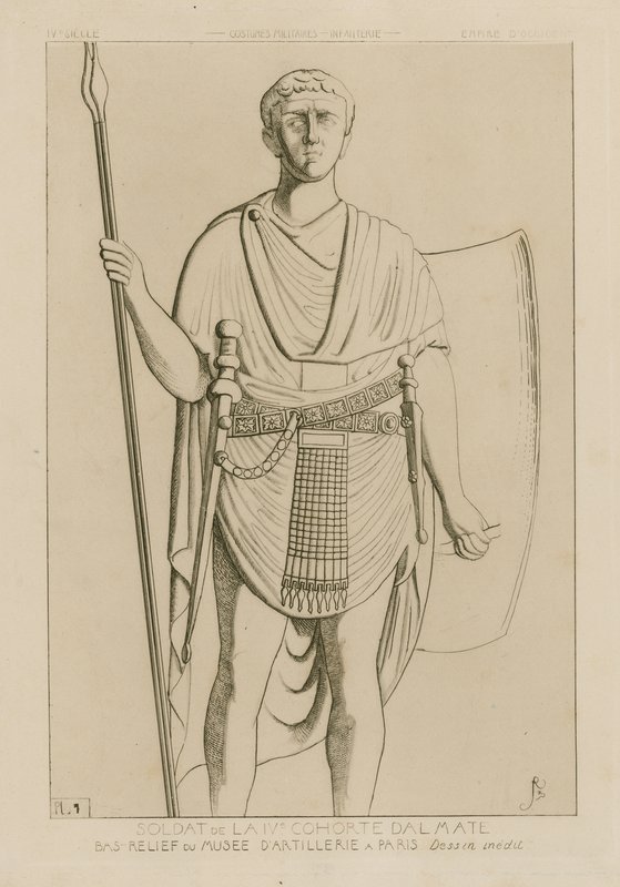Soldaat van de IVe cohort Dalmatië. Bas-reliëf van het Artilleriemuseum in Parijs. Ongepubliceerde tekening. Militaire kostuums - infanterie - Westers Rijk. door Raphael Jacquemin