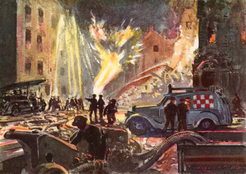 Brandweerlieden van de Britse Nationale Brandweer tijdens de oorlog die een brandende gasleiding blussen tijdens de Blitz, Tweede Wereldoorlog door Reginald Mills