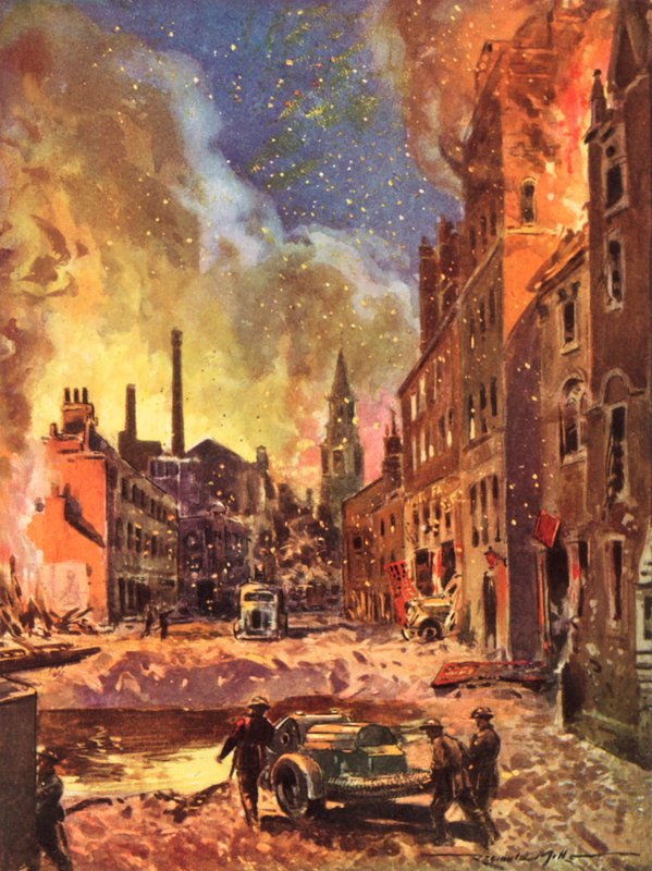 Brandweerlieden van de Britse Nationale Brandweer inspecteren een grote bomkrater tijdens de Blitz, Tweede Wereldoorlog door Reginald Mills