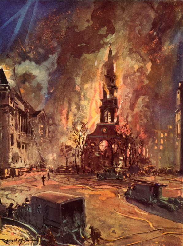 St. Clement Danes Church, Strand, Londen, in brand tijdens de Blitz, Tweede Wereldoorlog door Reginald Mills