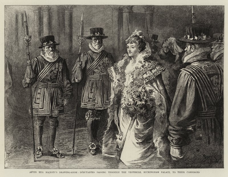 Na het tekenlokaal van Hare Majesteit gaan debutantes door de vestibule van Buckingham Palace naar hun rijtuigen (gravure) door Reginald Thomas Cleaver