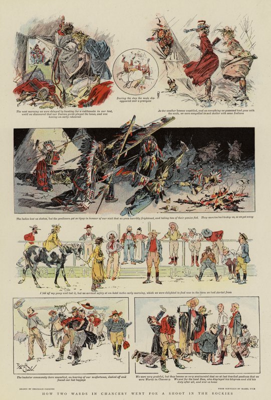Hoe twee afdelingen in de kanselarij gingen schieten in de Rockies (kleurenlitho) door Reginald Thomas Cleaver