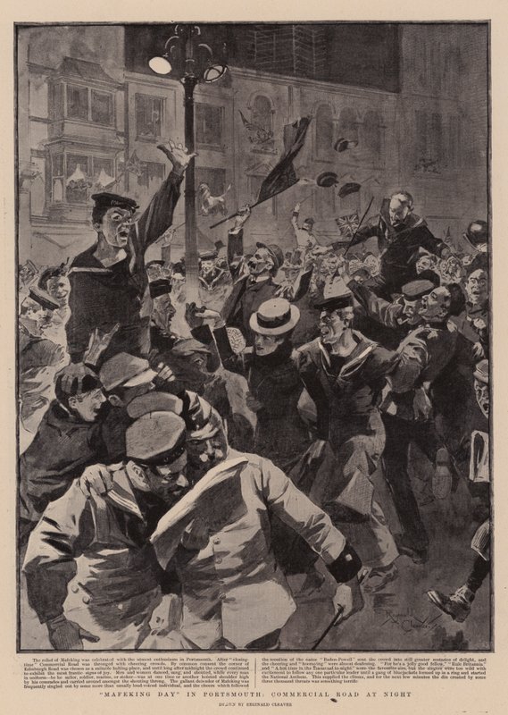 "Mafeking Day" in Portsmouth, Commercial Road bij nacht (litho) door Reginald Thomas Cleaver