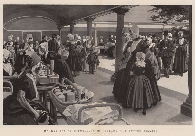 Marktdag in Middelburg, de boterverkopers (litho) door Reginald Thomas Cleaver