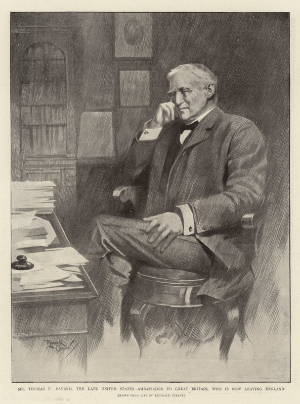 De heer Thomas F Bayard, de overleden ambassadeur van de Verenigde Staten in Groot-Brittannië, die nu Engeland verlaat (litho) door Reginald Thomas Cleaver