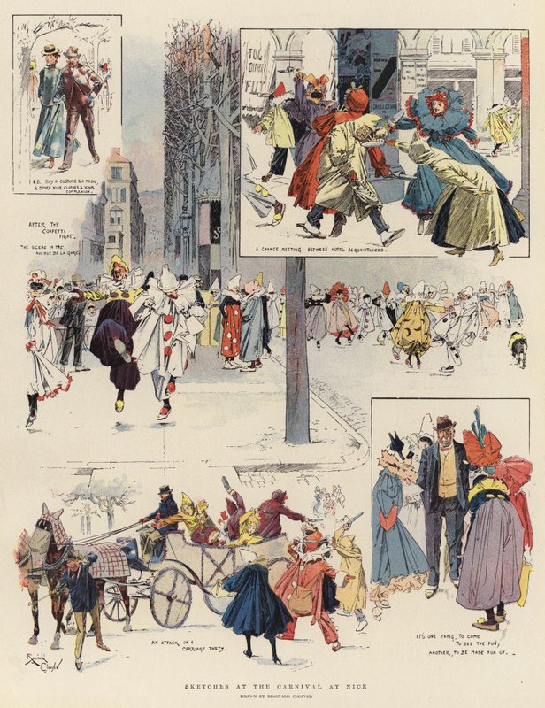 Schetsen tijdens het carnaval in Nice (kleurenlitho) door Reginald Thomas Cleaver