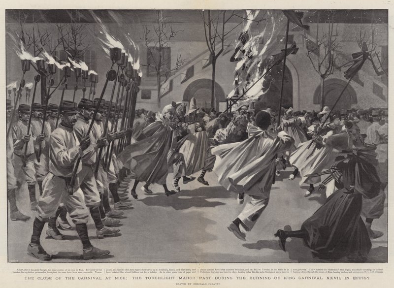De afsluiting van het carnaval in Nice, de fakkeltocht voorbij tijdens de verbranding van koning carnaval XXVII (gravure) door Reginald Thomas Cleaver