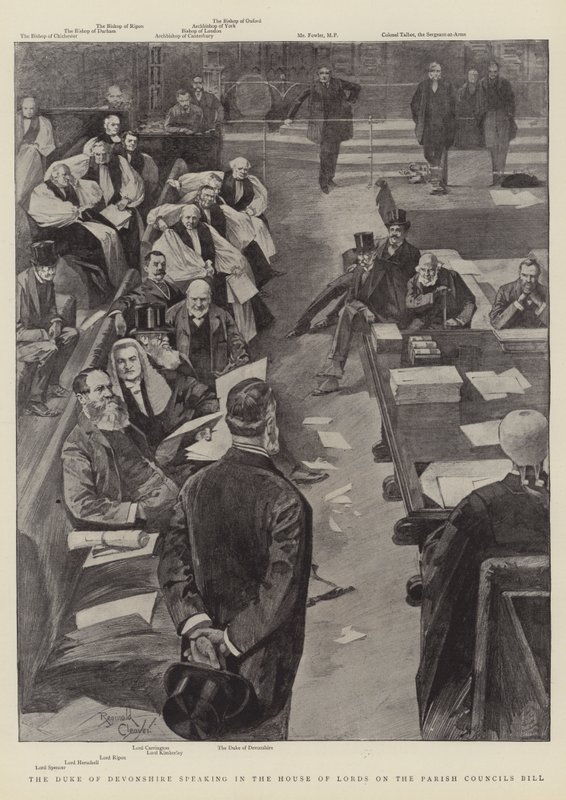 De hertog van Devonshire spreekt in het Hogerhuis over de Parish Councils Bill (gravure) door Reginald Thomas Cleaver