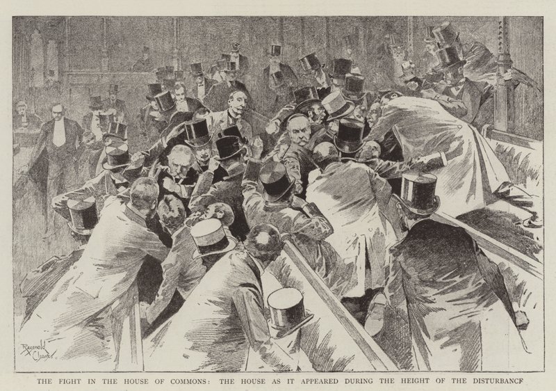 De strijd in het Lagerhuis, het Huis zoals het eruitzag tijdens het hoogtepunt van de onlusten (gravure) door Reginald Thomas Cleaver
