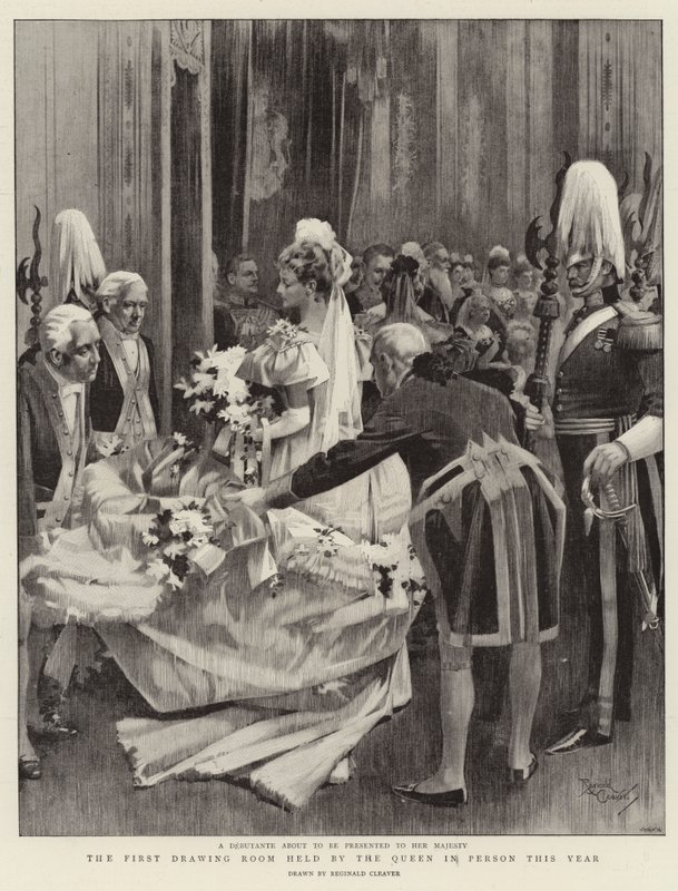 De First Drawing Room gehouden door de Koningin in eigen persoon dit jaar (litho) door Reginald Thomas Cleaver