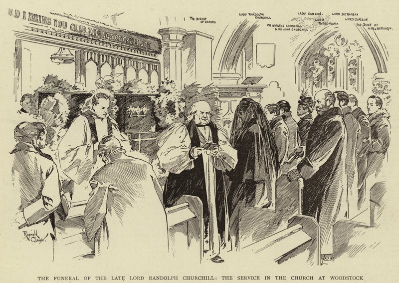 De begrafenis van wijlen Lord Randolph Churchill, de dienst in de kerk van Woodstock (litho) door Reginald Thomas Cleaver