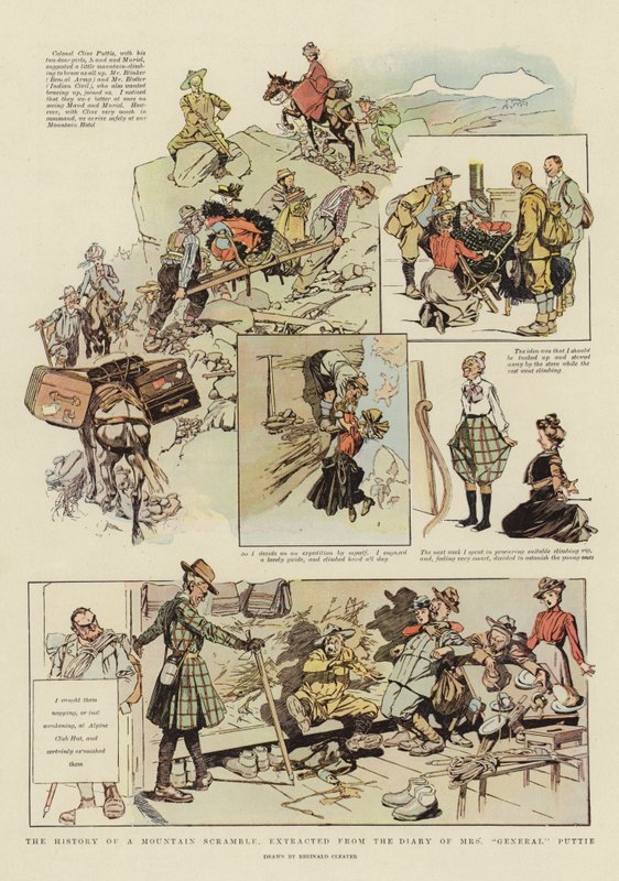The History of a Mountain Scramble, uit het dagboek van Mrs "General" Puttie (kleurenlitho) door Reginald Thomas Cleaver