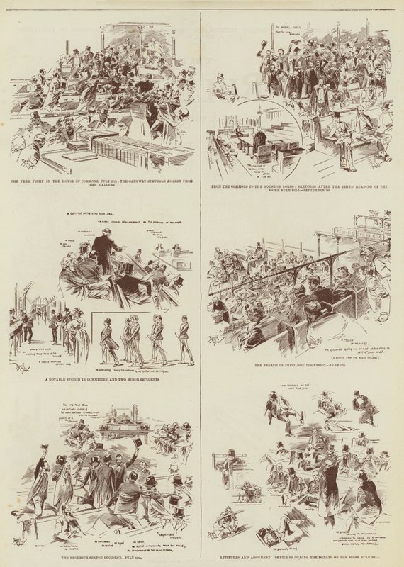 De Home Rule Sessie, enkele "Daily Graphic" schetsen in het parlement (gravure) door Reginald Thomas Cleaver