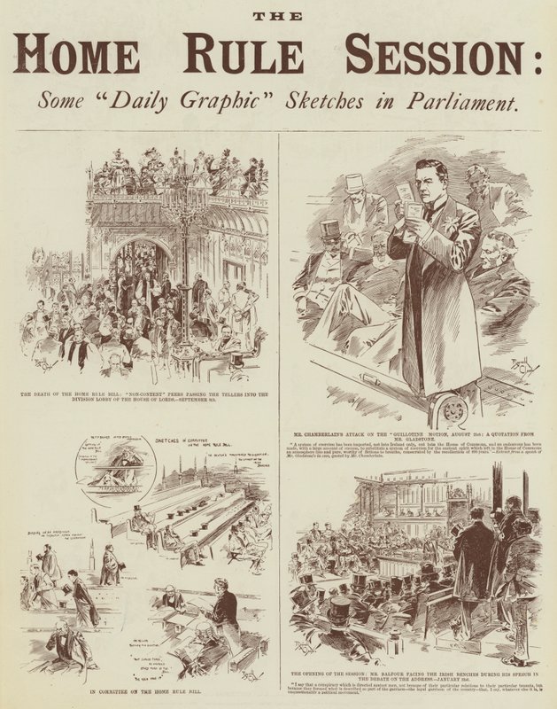 De Home Rule Sessie, enkele "Daily Graphic" schetsen in het parlement (gravure) door Reginald Thomas Cleaver