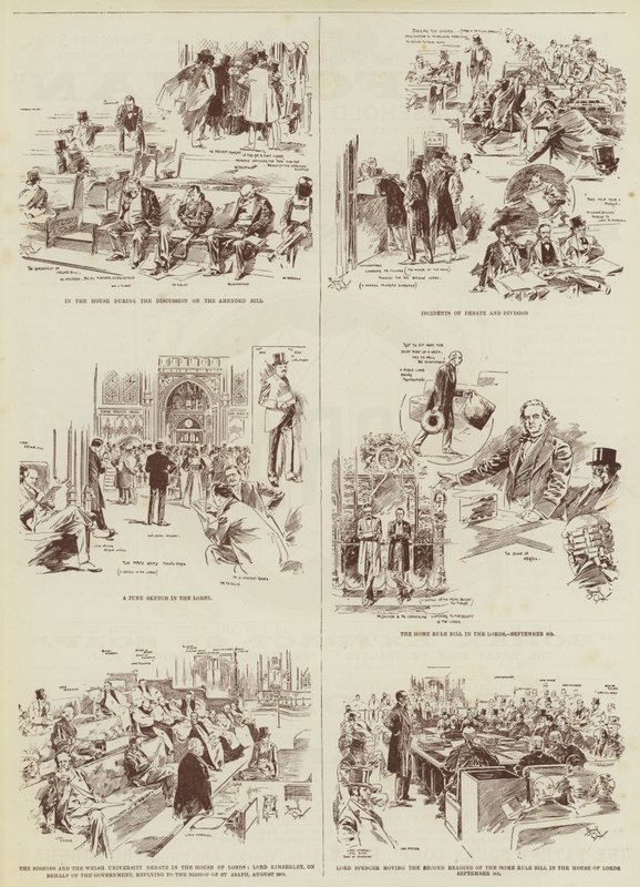 De Home Rule Sessie, enkele "Daily Graphic" schetsen in het parlement (gravure) door Reginald Thomas Cleaver