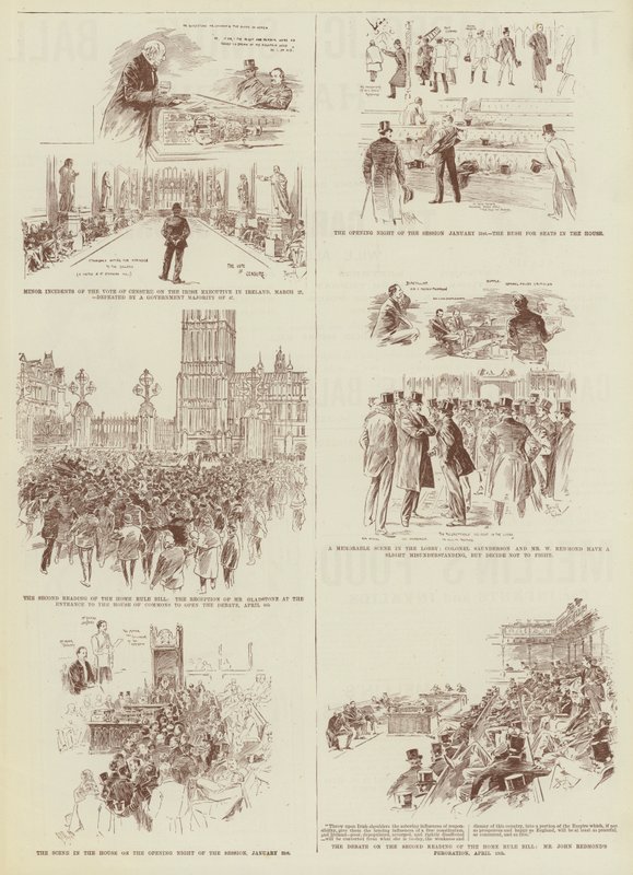 De Home Rule Session, enkele "Daily Graphic" schetsen in de Commons (gravure) door Reginald Thomas Cleaver