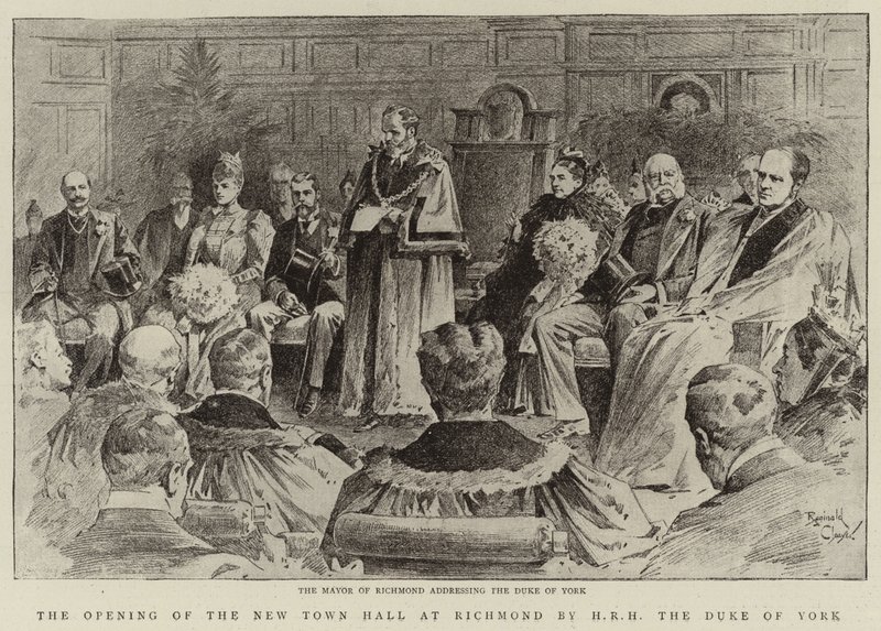 De opening van het nieuwe stadhuis in Richmond door Z.K.H. de hertog van York (litho) door Reginald Thomas Cleaver