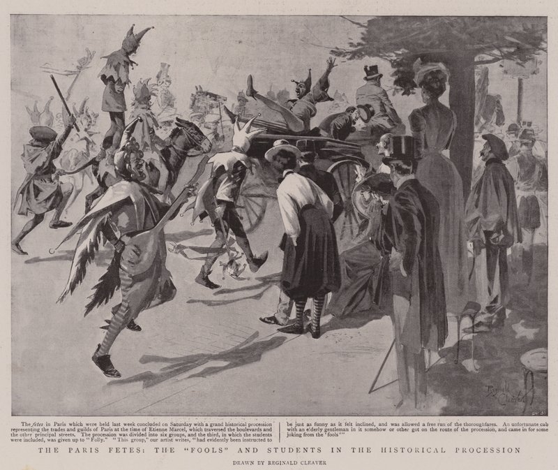 De Parijse Feesten, de "Dwazen" en studenten in de Historische Processie (litho) door Reginald Thomas Cleaver