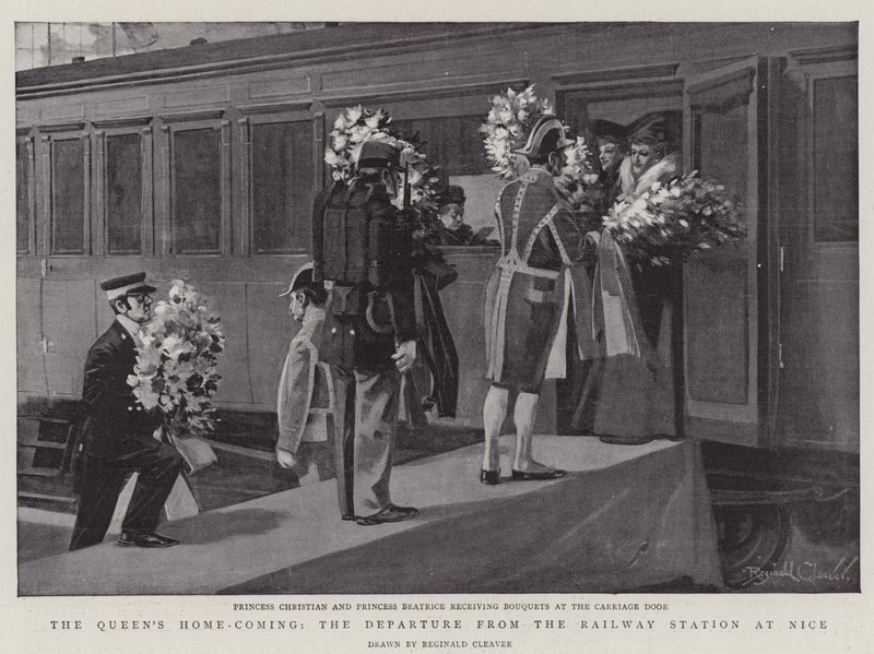 De thuiskomst van de koningin, het vertrek vanaf het station in Nice (litho) door Reginald Thomas Cleaver
