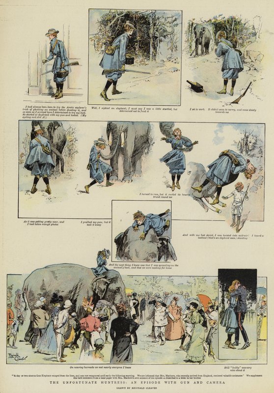 The Unfortunate Huntress, een aflevering met geweer en camera (chromolitho) door Reginald Thomas Cleaver