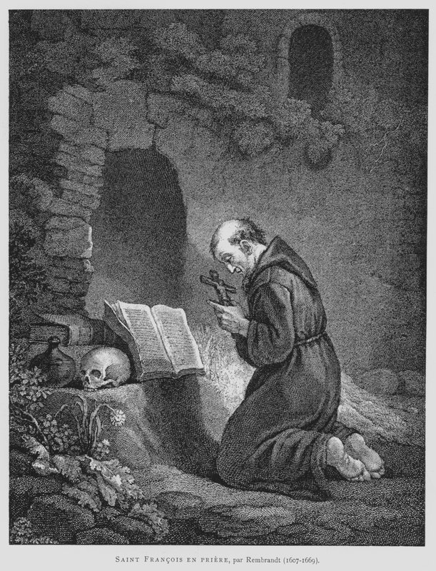 St. Franciscus van Assisi Biddend (lithografie) door Rembrandt Harmensz. van Rijn (after)