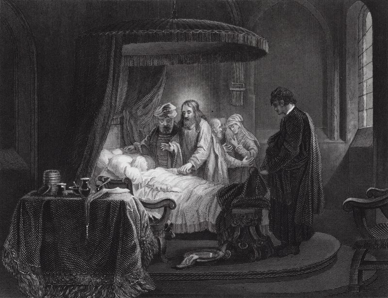 De opwekking van de dochter van Jairus, Marcus, Hoofdstuk V, vers 35, 42 door Rembrandt Harmensz. van Rijn (after)